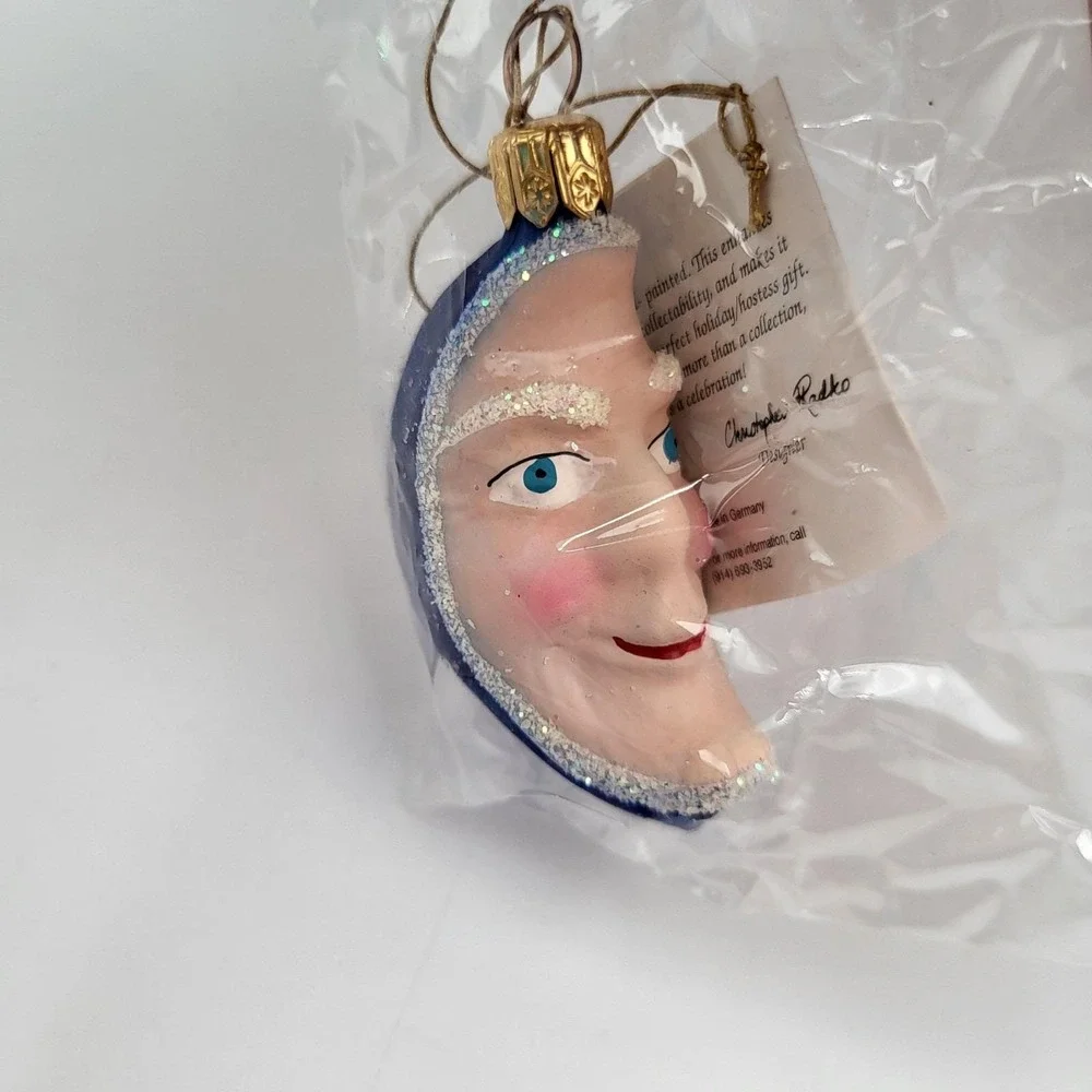 Christopher Radko Crescent Moon Glass Christmas Ornament Man Face Blue